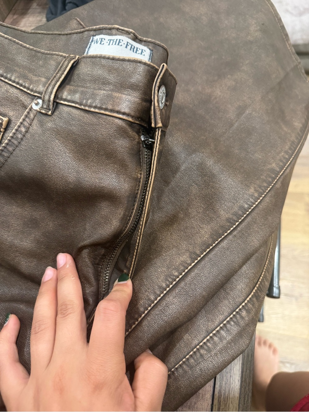 We The Free Men's Distressed Brown Leather-Effect Skinny Jeans